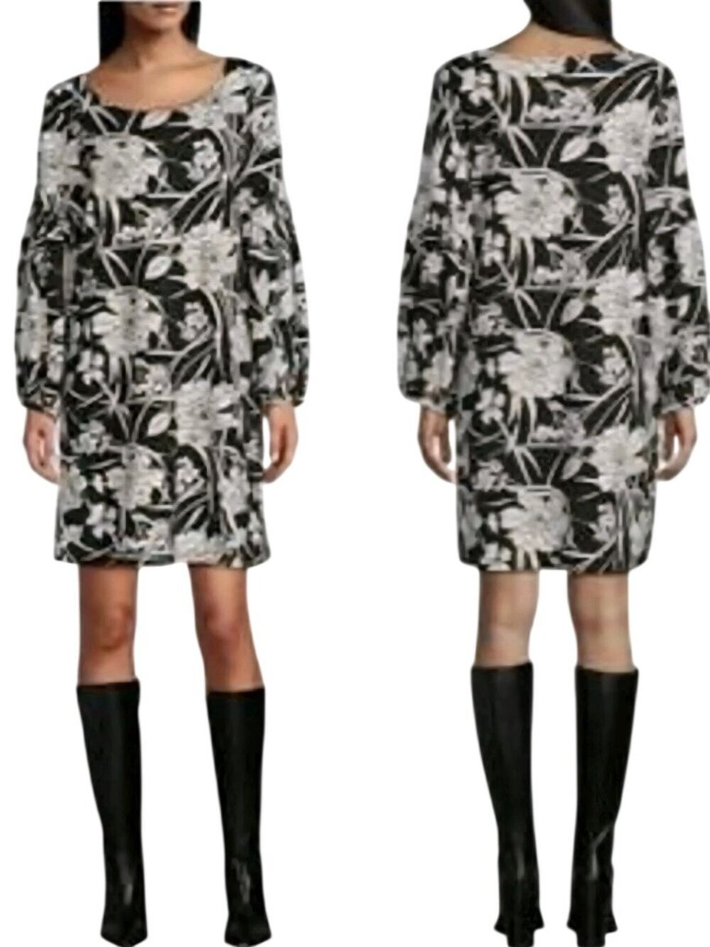 Bryn Walker Lantern Dress Black Floral Ponte Knit Puff Sleeve Lagonlook Size M